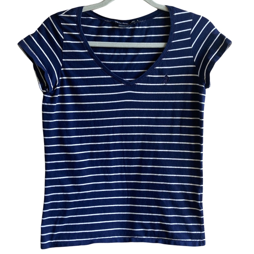 Ralph Lauren Sport: Navy and White Short Sleeve V Neck Short Sleeve Tee | Sz L